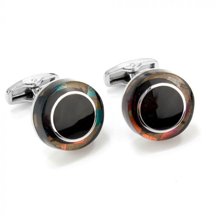 24990N Round Cuff Link Black/Silver Circle