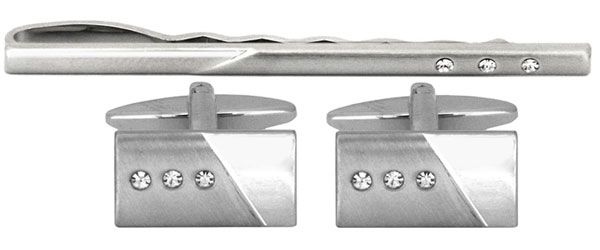 X601013  Rhodium with 3 Crystals Cufflink and Tie Slide Set