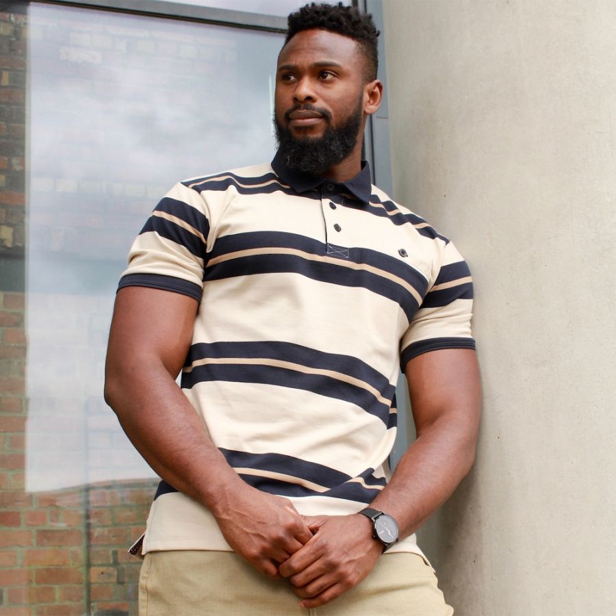 A11735 Kam Striped Rugby Polo Shirt (Stone)