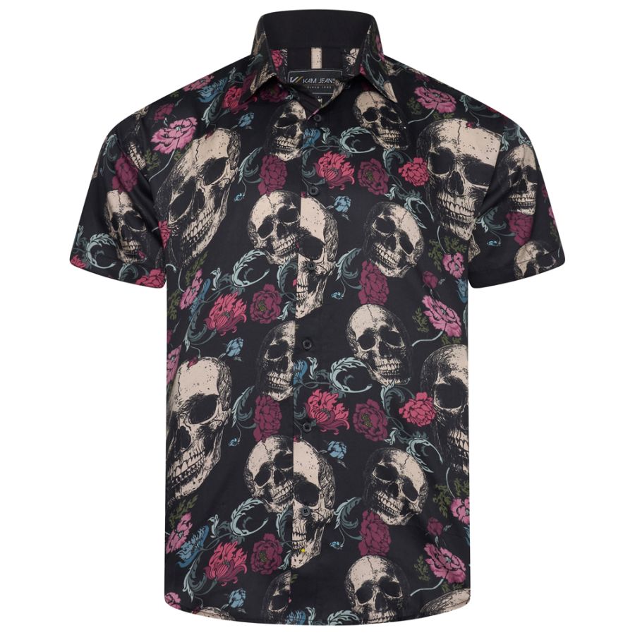 A11991 Kam Floral Skull Print Shirt
