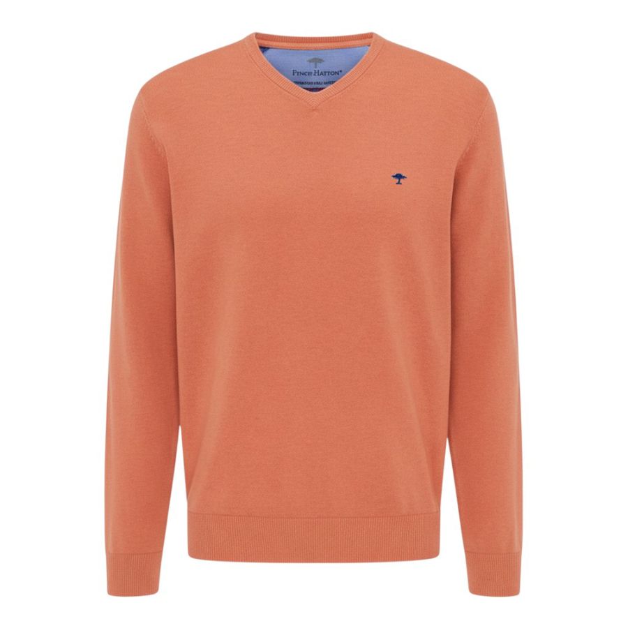 E1079 Fynch Hatton Fine Knit V-Neck Jumper (Tangerine)