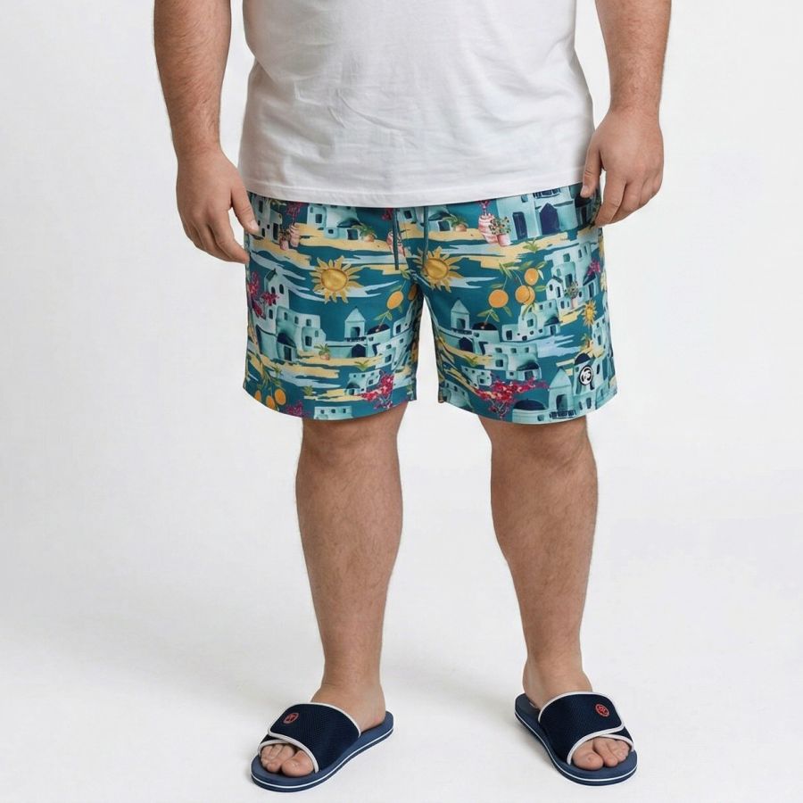 F1576 Espionage Greek Villa Print Swim Shorts