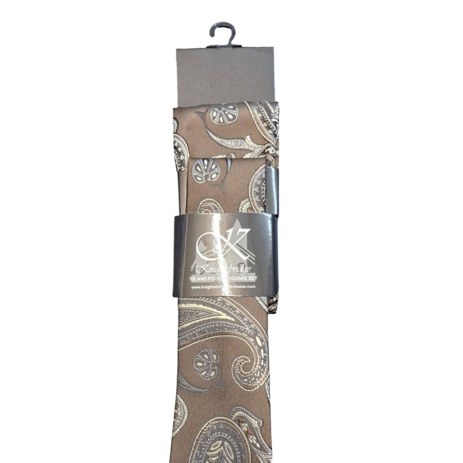 J33283 Knightsbridge Tie & Pocket Square Set - Brown/Cream