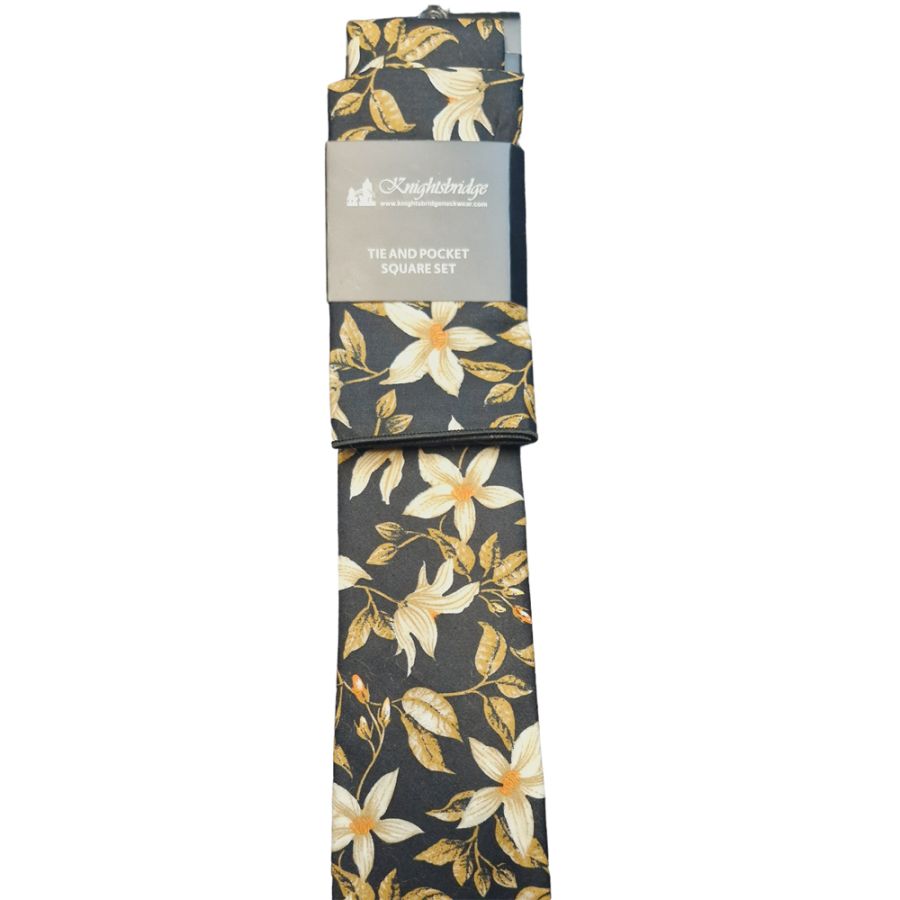 T8286-2 Knightsbridge Black/Beige Cotton Tie & Pocket Square Set