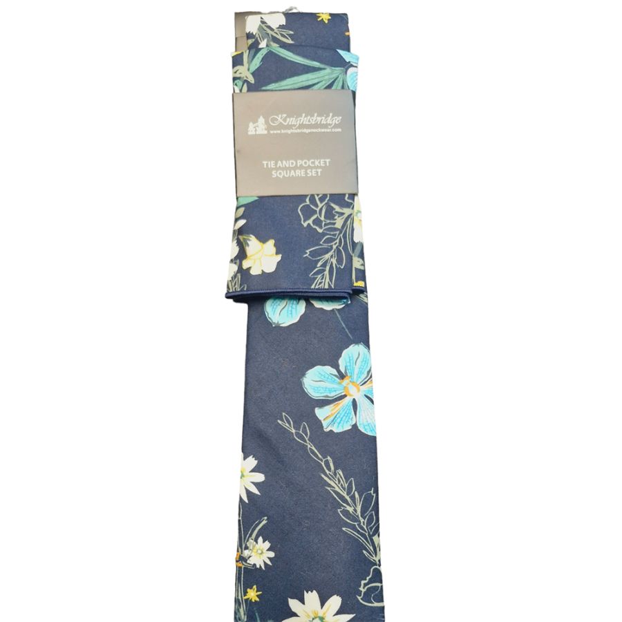 T8286-2 Knightsbridge Navy Cotton Tie & Pocket Square Set