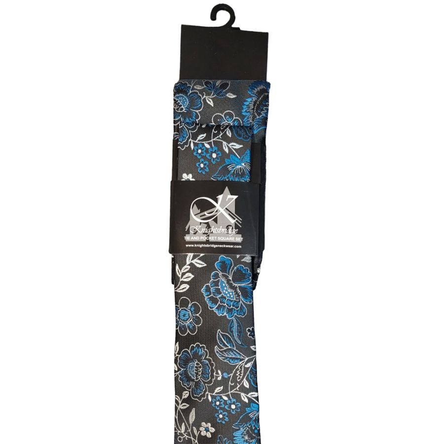T874295 Knightsbridge Tie & Pocket Square Set - Black/Blue