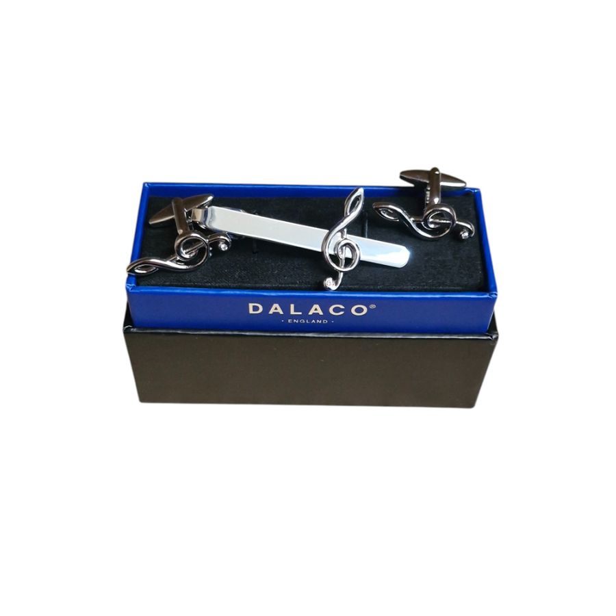 X601008 Treble Clef Cufflink & Tie Slide Set Rhodium Plated