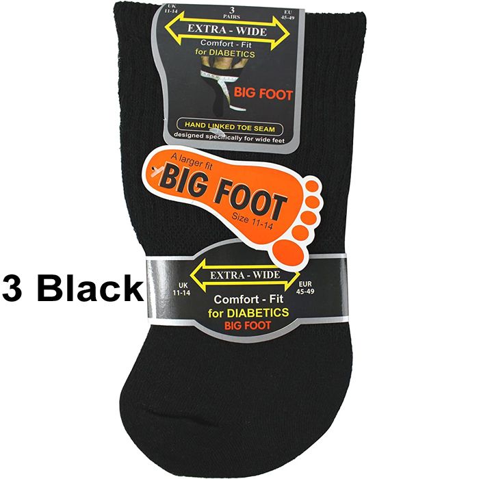 X765 3 Pair Pack Extra Wide Diabetic Mens Socks 11-14 (Black)
